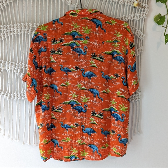 Vintage Hawaiian Shirt Short-sleeve Orange with Blue Flamingos - Picture 2 of 5